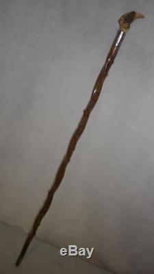 Antique Rustic Twisted Walking Stick- Carved Face/Head Top WithGlass Eyes 85cm