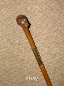 Antique Rustic Walking Cane- Hand-Carved Grotesque Man Top With Brass Collar -91cm