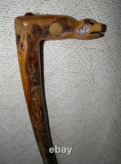 Antique Rustic Walking Stick / Cane Entirely Hand-Carved Animal Head Glass Eyes