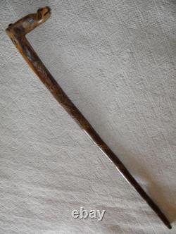 Antique Rustic Walking Stick / Cane Entirely Hand-Carved Animal Head Glass Eyes