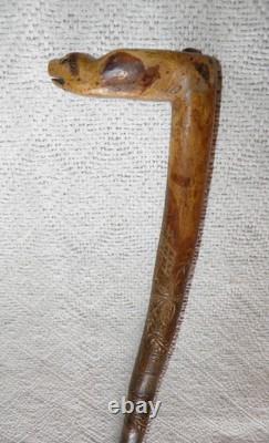 Antique Rustic Walking Stick / Cane Entirely Hand-Carved Animal Head Glass Eyes