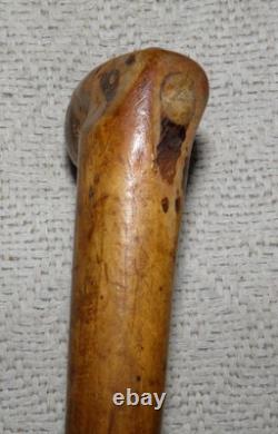 Antique Rustic Walking Stick / Cane Entirely Hand-Carved Animal Head Glass Eyes