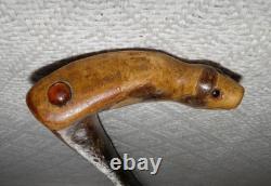 Antique Rustic Walking Stick / Cane Entirely Hand-Carved Animal Head Glass Eyes