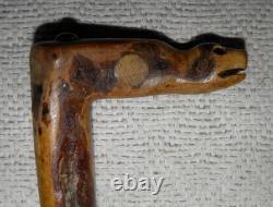 Antique Rustic Walking Stick / Cane Entirely Hand-Carved Animal Head Glass Eyes
