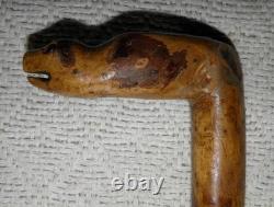 Antique Rustic Walking Stick / Cane Entirely Hand-Carved Animal Head Glass Eyes