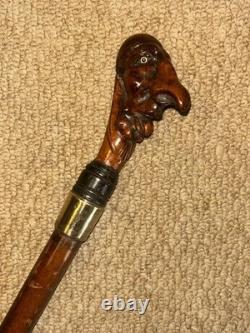 Antique Rustic Walking Stick Cane Grotesque Hand-Carved Head & Gold Plate Collar