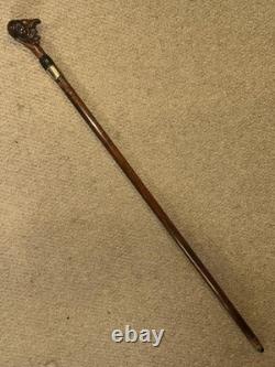 Antique Rustic Walking Stick Cane Grotesque Hand-Carved Head & Gold Plate Collar