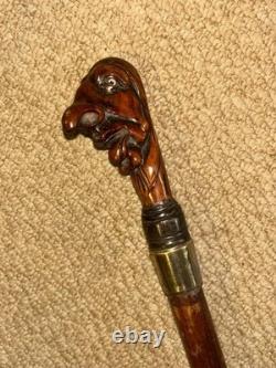 Antique Rustic Walking Stick Cane Grotesque Hand-Carved Head & Gold Plate Collar