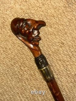 Antique Rustic Walking Stick Cane Grotesque Hand-Carved Head & Gold Plate Collar