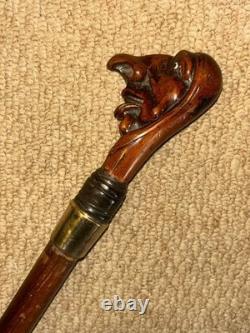 Antique Rustic Walking Stick Cane Grotesque Hand-Carved Head & Gold Plate Collar