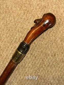 Antique Rustic Walking Stick Cane Grotesque Hand-Carved Head & Gold Plate Collar