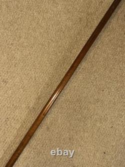 Antique Rustic Walking Stick Cane Grotesque Hand-Carved Head & Gold Plate Collar