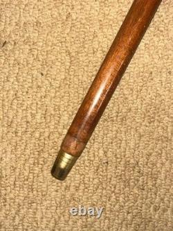Antique Rustic Walking Stick Cane Grotesque Hand-Carved Head & Gold Plate Collar