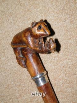 Antique Rustic Walking Stick / Cane Hand- Carved Animal Top & Silver Collar