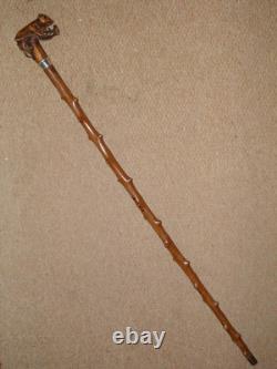 Antique Rustic Walking Stick / Cane Hand- Carved Animal Top & Silver Collar