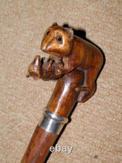 Antique Rustic Walking Stick / Cane Hand- Carved Animal Top & Silver Collar