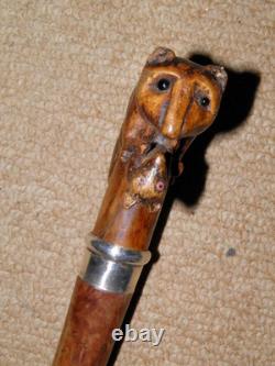 Antique Rustic Walking Stick / Cane Hand- Carved Animal Top & Silver Collar