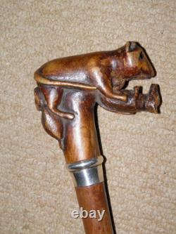 Antique Rustic Walking Stick / Cane Hand- Carved Animal Top & Silver Collar