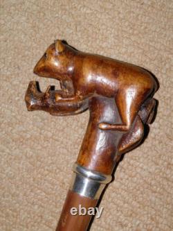 Antique Rustic Walking Stick / Cane Hand- Carved Animal Top & Silver Collar