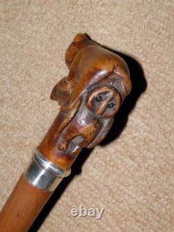 Antique Rustic Walking Stick / Cane Hand- Carved Animal Top & Silver Collar