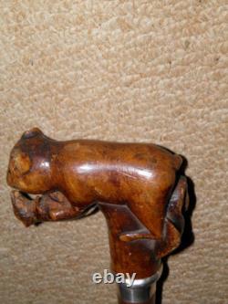 Antique Rustic Walking Stick / Cane Hand- Carved Animal Top & Silver Collar
