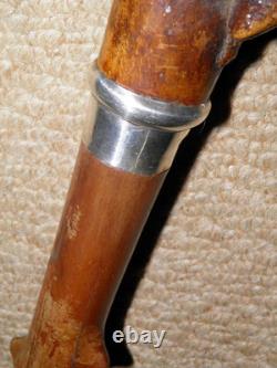 Antique Rustic Walking Stick / Cane Hand- Carved Animal Top & Silver Collar