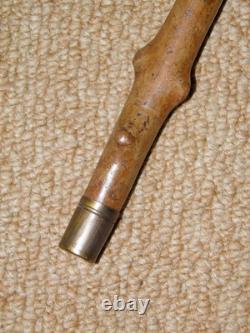 Antique Rustic Walking Stick / Cane Hand- Carved Animal Top & Silver Collar