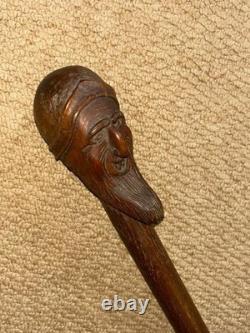 Antique Rustic Walking Stick Cane Hand Carved Bearded Man Top