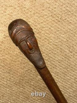Antique Rustic Walking Stick Cane Hand Carved Bearded Man Top