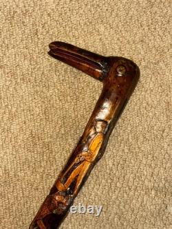 Antique Rustic Walking Stick / Cane Hand-Carved Builders & Animals