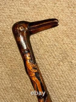 Antique Rustic Walking Stick / Cane Hand-Carved Builders & Animals