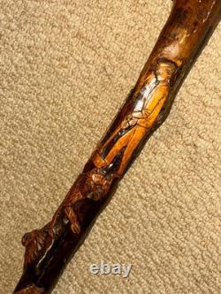 Antique Rustic Walking Stick / Cane Hand-Carved Builders & Animals
