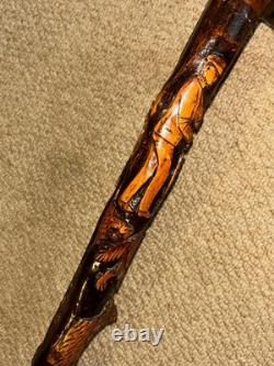 Antique Rustic Walking Stick / Cane Hand-Carved Builders & Animals
