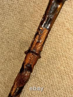 Antique Rustic Walking Stick / Cane Hand-Carved Builders & Animals