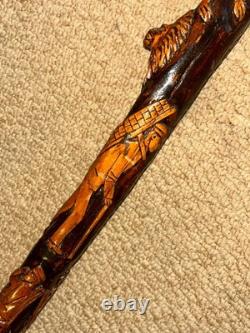 Antique Rustic Walking Stick / Cane Hand-Carved Builders & Animals