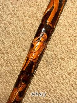Antique Rustic Walking Stick / Cane Hand-Carved Builders & Animals