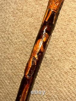 Antique Rustic Walking Stick / Cane Hand-Carved Builders & Animals