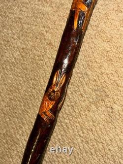 Antique Rustic Walking Stick / Cane Hand-Carved Builders & Animals