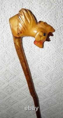 Antique Rustic Walking Stick / Cane Hand-Carved Crowing Cockerel Top Glass Eyes