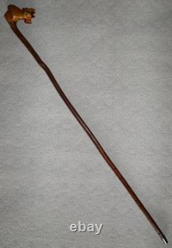 Antique Rustic Walking Stick / Cane Hand-Carved Crowing Cockerel Top Glass Eyes