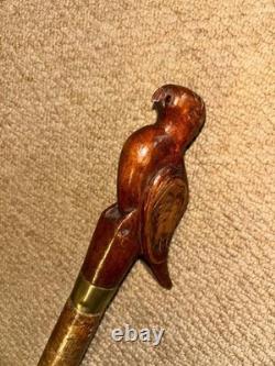 Antique Rustic Walking Stick Cane Hand-Carved Dove Bird Top Glass Eyes