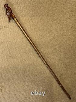 Antique Rustic Walking Stick Cane Hand-Carved Dove Bird Top Glass Eyes