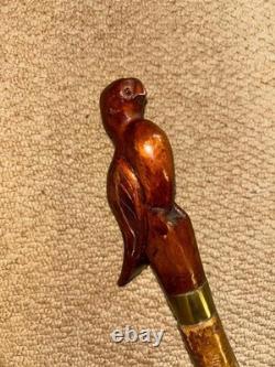 Antique Rustic Walking Stick Cane Hand-Carved Dove Bird Top Glass Eyes