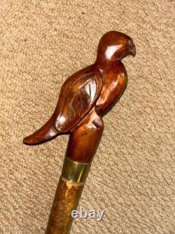 Antique Rustic Walking Stick Cane Hand-Carved Dove Bird Top Glass Eyes