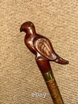 Antique Rustic Walking Stick Cane Hand-Carved Dove Bird Top Glass Eyes