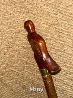 Antique Rustic Walking Stick Cane Hand-Carved Dove Bird Top Glass Eyes