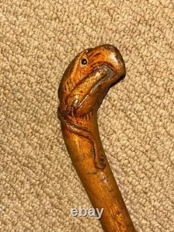 Antique Rustic Walking Stick Cane Hand-Carved Eagle Holding Snake