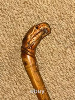 Antique Rustic Walking Stick Cane Hand-Carved Eagle Holding Snake