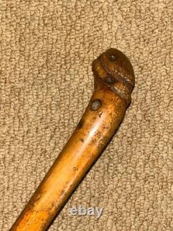 Antique Rustic Walking Stick Cane Hand-Carved Eagle Holding Snake