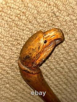 Antique Rustic Walking Stick Cane Hand-Carved Eagle Holding Snake